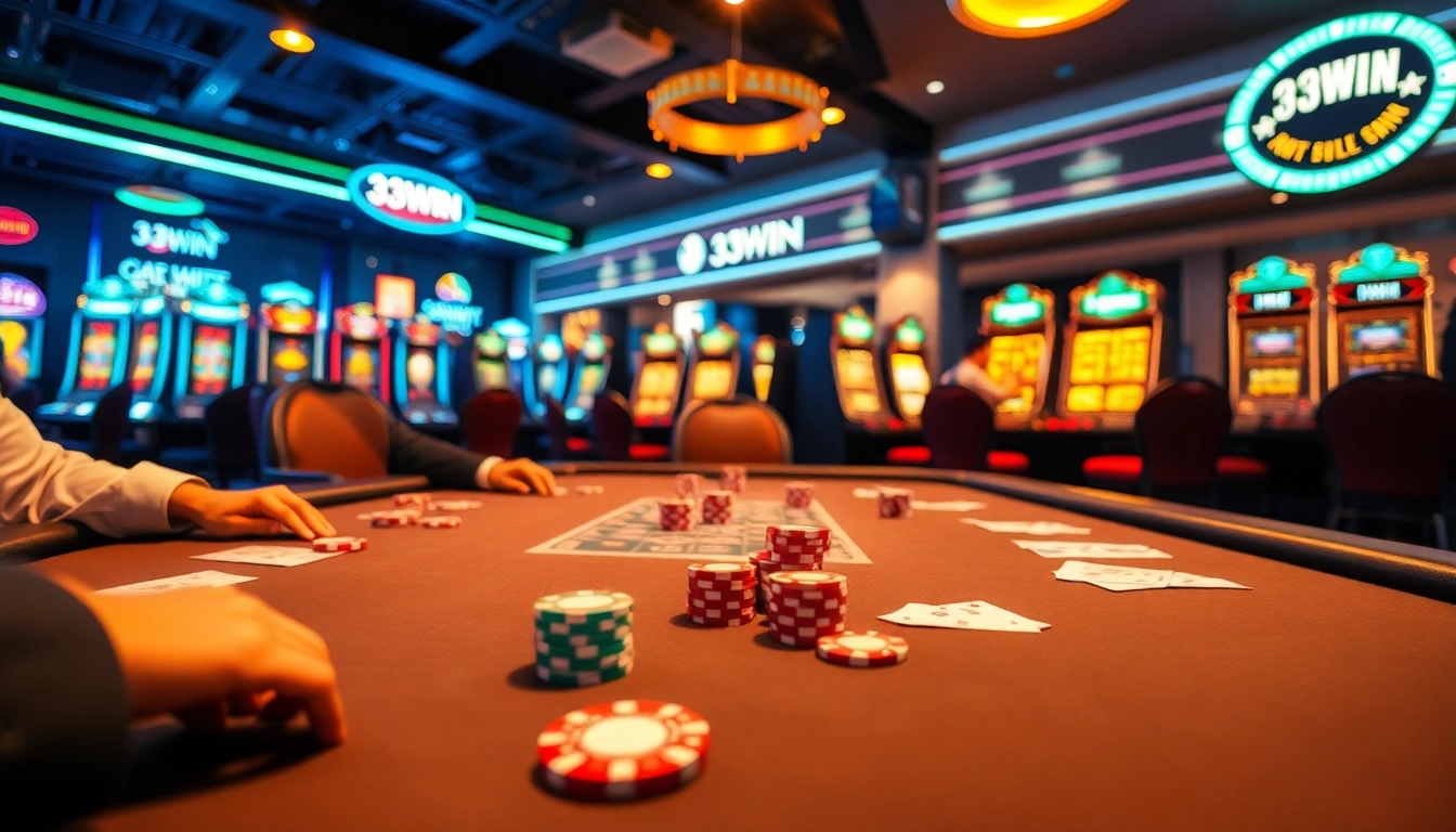 Players engaging in a thrilling online gambling experience at 33WIN casino, featuring poker tables and festive lights.