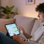 User enjoying NSFW chat bot interaction in a cozy, modern living room.